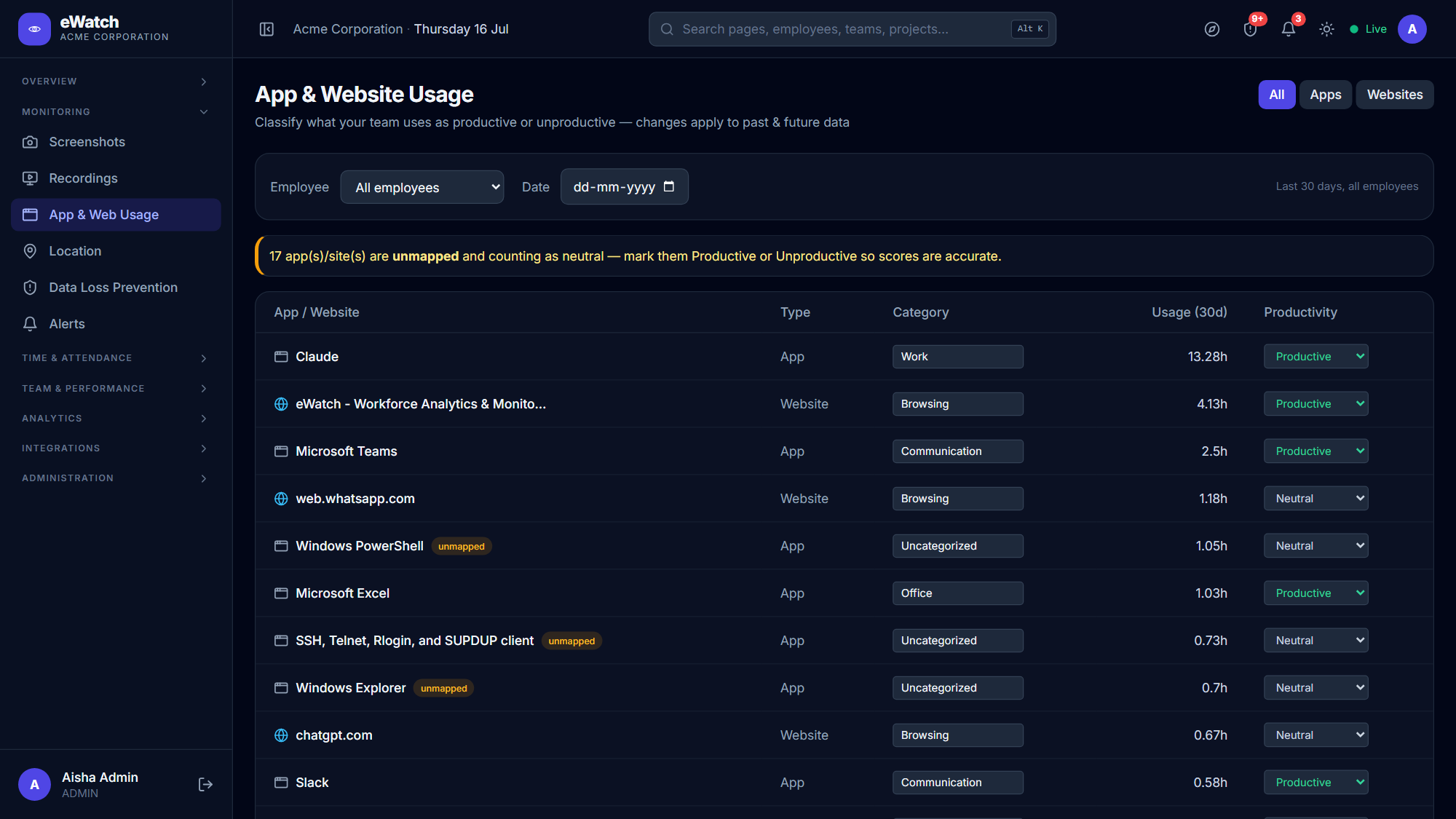 App & Website Usage in Work360